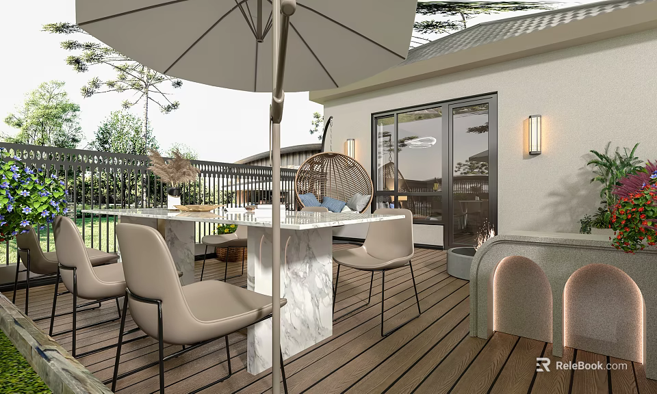 Modern Home Balcony Outdoor Space With Wooden Deck Dining Set Umbrella And Glass Doors 3d model 