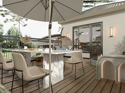 Modern Home Balcony Outdoor Space With Wooden Deck Dining Set Umbrella And Glass Doors 3d model