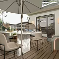 Modern Home Balcony Outdoor Space With Wooden Deck Dining Set Umbrella And Glass Doors