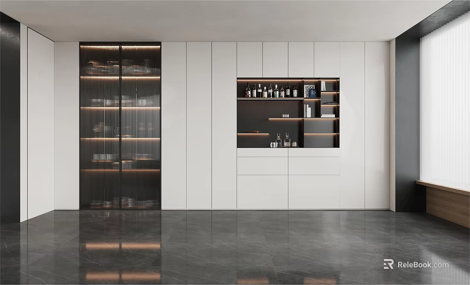 Modern Wine Cabinet Design With Glass Doors Interior Lighting And White Cabinets 3d model 