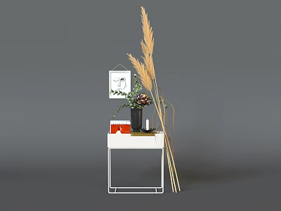 Minimalist Decorative Ornament Combination With White Small Table Dried Pampas Grass And Hanging Picture Frame 3d model