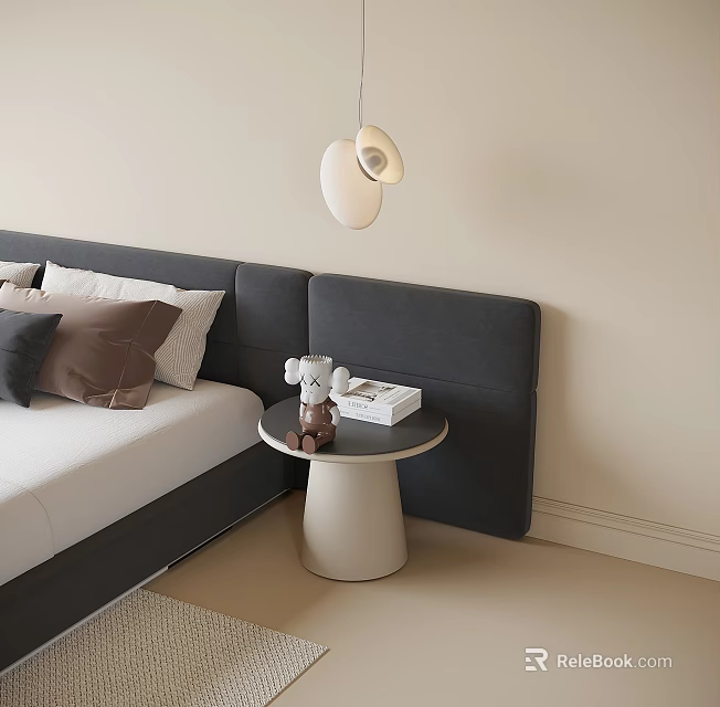 White Pendant Light Above Gray Headboard Bedroom With Bedside Table Stuffed Toy And Book 3d model 