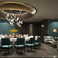 Luxurious Private Dining Room Interior With Round Table Blue Chairs Green Walls And Chandelier
