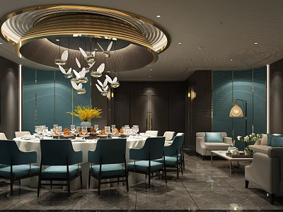 Luxurious Private Dining Room Interior With Round Table Blue Chairs Green Walls And Chandelier 3d model