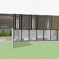 Modern Detached Villa Exterior With Corrugated Metal Cladding Large Glass Windows And Landscaped Grass Area