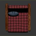Red And Black Plaid Single Seater Sofa With Wooden Armrests Legs And Blue Cushion