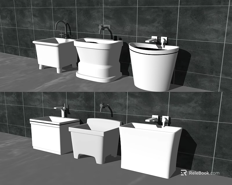 Modern White Bathroom Fixtures With Basins Toilets And Faucets On Dark Tiled Walls 3d model 