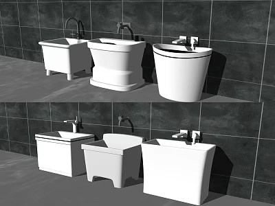 Modern White Bathroom Fixtures With Basins Toilets And Faucets On Dark Tiled Walls 3d model