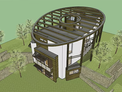 Modern Detached Villa With Circular Wooden Roof Surrounded by Trees Stone Walls and Grass 3d model