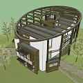 Modern Detached Villa With Circular Wooden Roof Surrounded by Trees Stone Walls and Grass