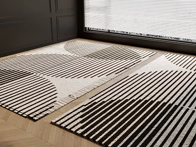 Modern Geometric Square Rug With Black White Striped Pattern On Wooden Floor Interior 3d model