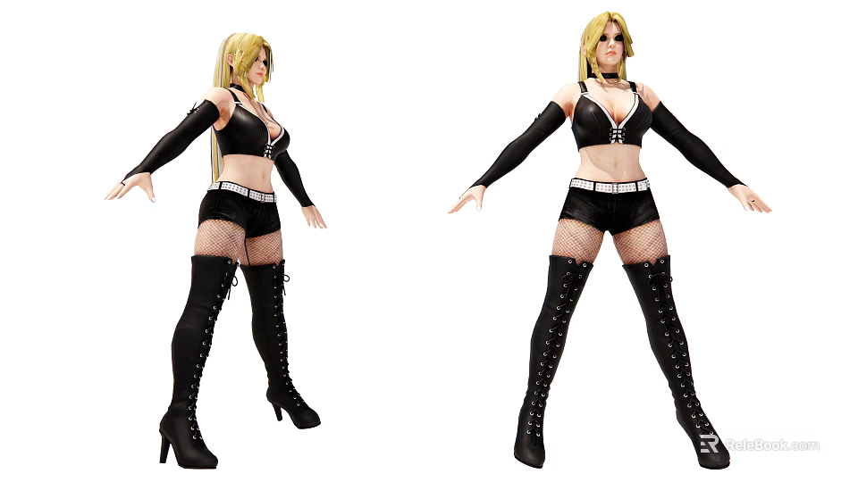 Blonde Woman In Black Crop Top Fishnet Shorts Thigh High Boots And Long Gloves 3d model 