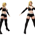 Blonde Woman In Black Crop Top Fishnet Shorts Thigh High Boots And Long Gloves
