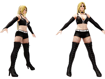 Blonde Woman In Black Crop Top Fishnet Shorts Thigh High Boots And Long Gloves 3d model
