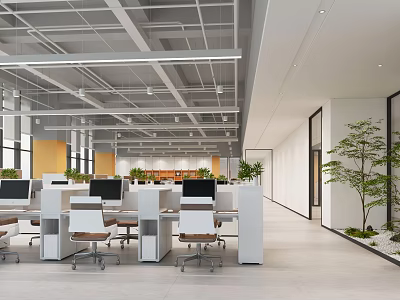 Public Office Space With Modern Open Layout White Desks Computer Monitors And Green Plants 3d model