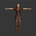 A Woman In Brown Dress And Brown Boots With Arms Outstretched Against Gray Background