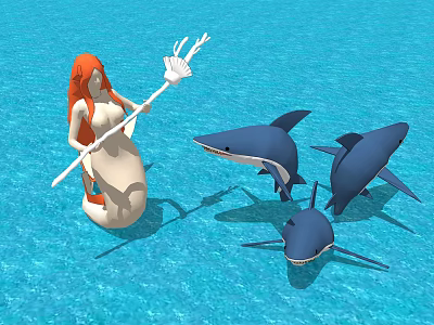 Three Sharks Swimming in Blue Water with Red Haired Mermaid Holding Trident 3d model