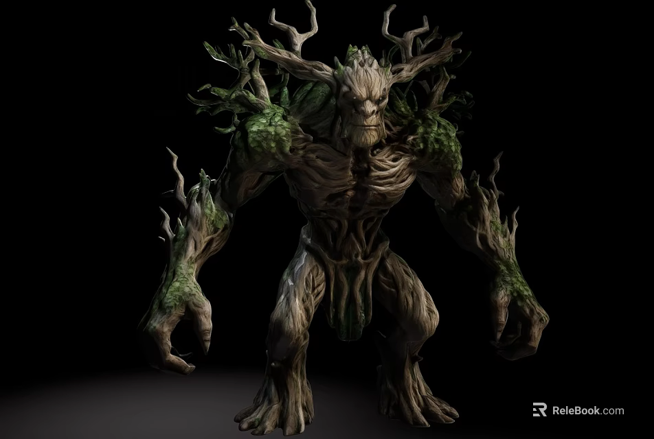 Mythical Fantasy Tree Creature with Root Body Branch Antlers and Green Moss 3d model 