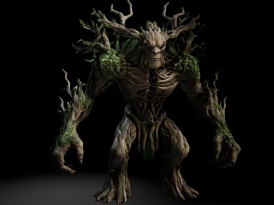 Mythical Fantasy Tree Creature with Root Body Branch Antlers and Green Moss 3d model