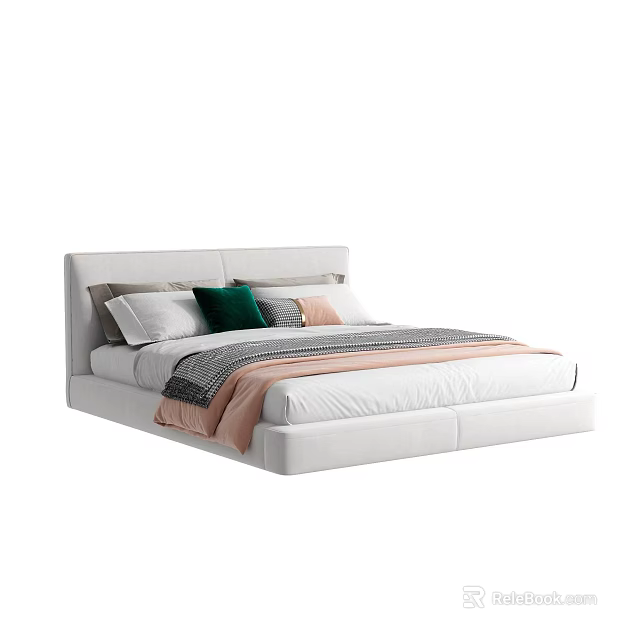 Modern White Double Bed With Colorful Pillows And Cozy Blanket For Bedroom 3d model 