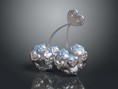 Silver Cherry Shaped Sculpture Carving With Heart And Spiral Decorative Patterns 3d model