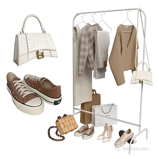 Fashionable Clothes Collection On Rack With Shoes Bags And Accessories 3d model 
