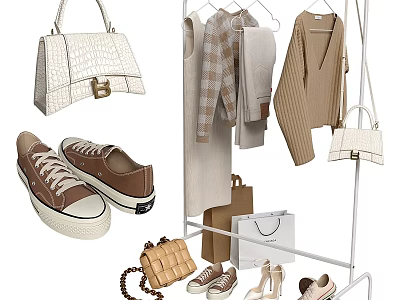 Fashionable Clothes Collection On Rack With Shoes Bags And Accessories 3d model