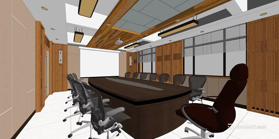Modern Conference Room Interior With Wooden Walls Large Table Chairs Windows And Projection Screen 3d model 