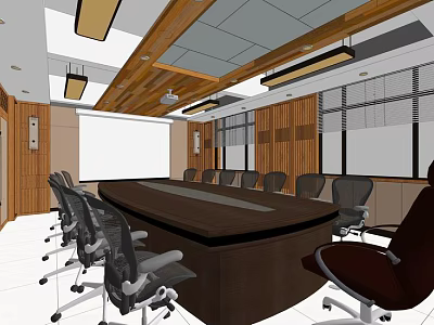 Modern Conference Room Interior With Wooden Walls Large Table Chairs Windows And Projection Screen 3d model