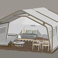 Modern White Tent Interior With Wooden Floor Bed Table And Lounge Chair
