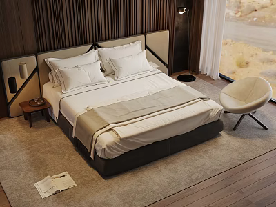 Double Bed in Modern Bedroom with White Pillows Sheets Gray Runner and Beige Chair 3d model