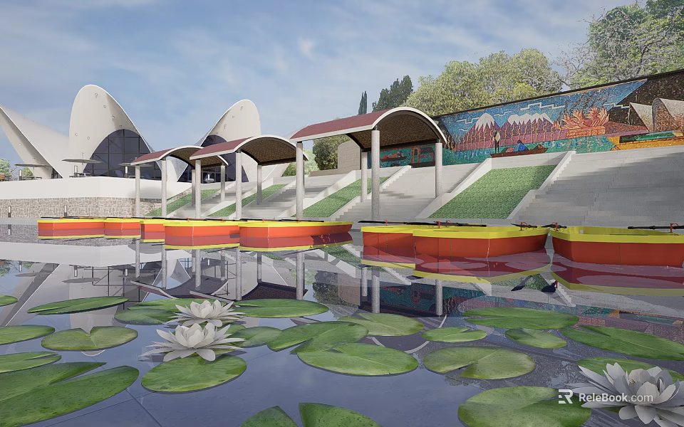 Modern Commercial Complex With Domed Roofs Water Pool Water Lilies And Colorful Steps 3d model 