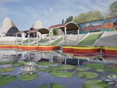 Modern Commercial Complex With Domed Roofs Water Pool Water Lilies And Colorful Steps 3d model
