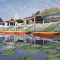 Modern Commercial Complex With Domed Roofs Water Pool Water Lilies And Colorful Steps