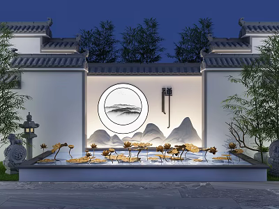 Traditional Chinese Landscape Wall with Circular Window Mountain Painting and Golden Lotus Water Feature 3d model