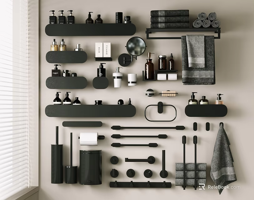 Modern Black Wall Mounted Bathroom Accessories With Towel Racks Shelves And Storage Organizers 3d model 