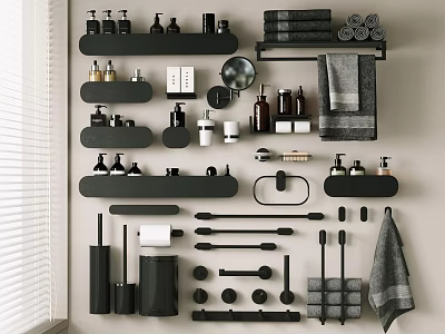 Modern Black Wall Mounted Bathroom Accessories With Towel Racks Shelves And Storage Organizers 3d model