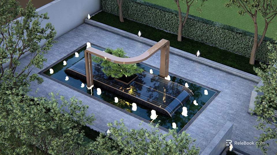 Stylish Garden Ornament With Curved Wooden Arch Water Fountain And Surrounding Lights 3d model 