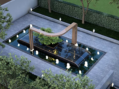 Stylish Garden Ornament With Curved Wooden Arch Water Fountain And Surrounding Lights 3d model