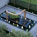 Stylish Garden Ornament With Curved Wooden Arch Water Fountain And Surrounding Lights