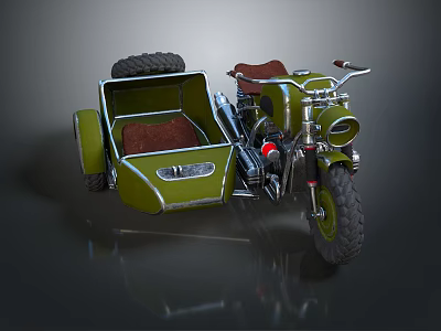 Vintage Motorcycle with Sidecar Featuring Brown Leather Seat and Chrome Metal Details 3d model