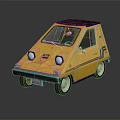 Vintage Yellow Micro Car with Dark Blue Soft Top Round Headlights and Black Stripes