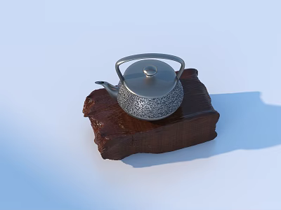 Elegant Silver Teapot With Intricate Pattern On Rustic Wooden Base 3d model