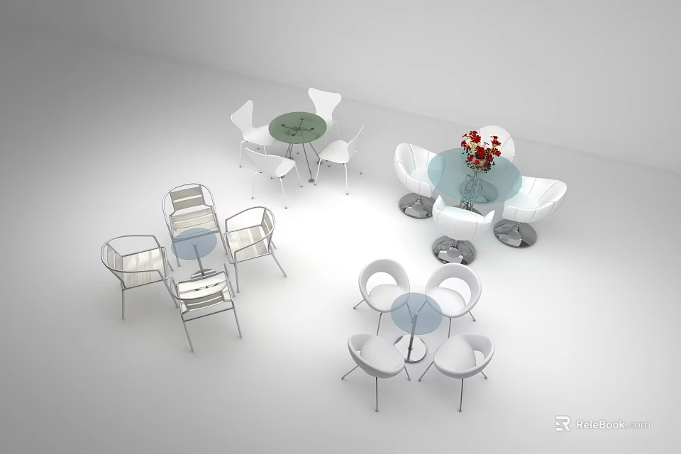 White Leisure Chairs Arranged Around Various Round Tables With Flower Decorations In Modern Setting 3d model 