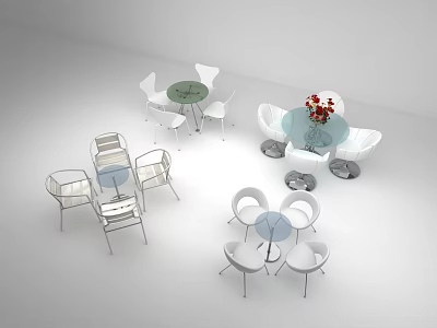 White Leisure Chairs Arranged Around Various Round Tables With Flower Decorations In Modern Setting 3d model