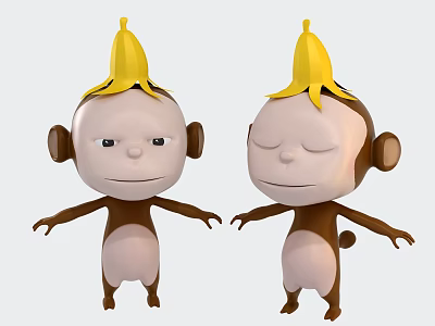 Two Adorable Monkey Dolls With Banana Hats Different Expressions And Open Arms 3d model