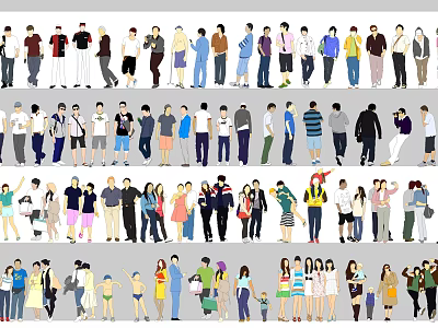 Large Group Of People In Diverse Outfits And Poses 3d model