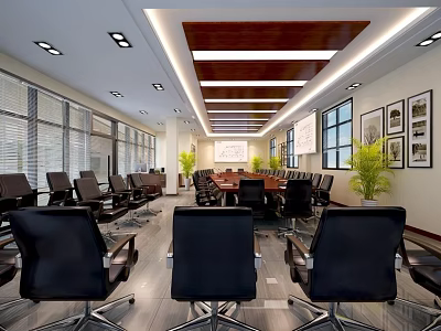 Modern Meeting Room Interior With Long Conference Table Black Chairs Large Windows And Potted Plants 3d model