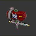 Detailed View of Red Industrial Mechanical Device with Silver Metal Components Label and Connecting Pipes
