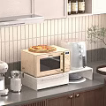 Modern Kitchenware Setup Featuring Microwave Electric Kettle Pizza On Wooden Board Tiled Wall 3d model